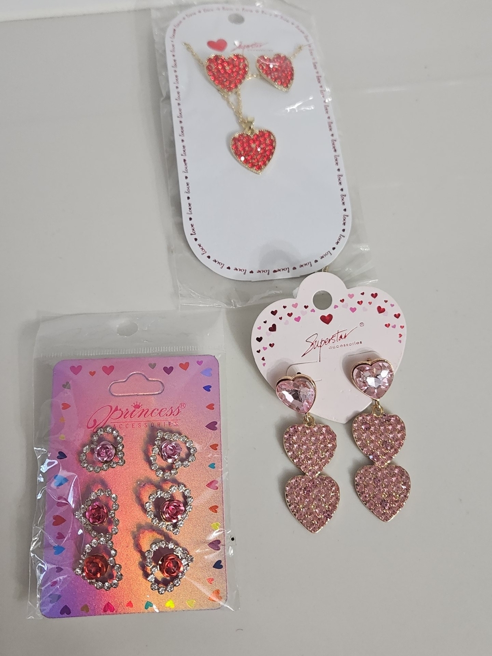 New Pink Heart Dangle Earrings Set - Sparkling Heart Trio